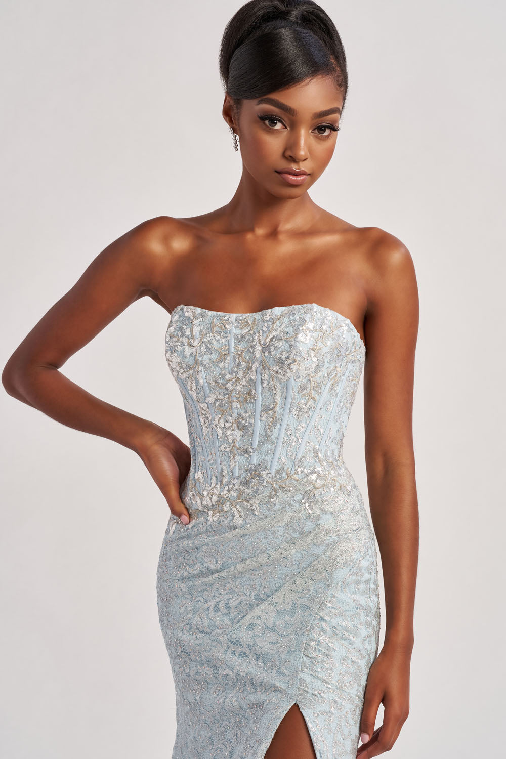 Colette CL8595 prom dress images.  Colette CL8595 is available in these colors: Blush, Ice Blue.