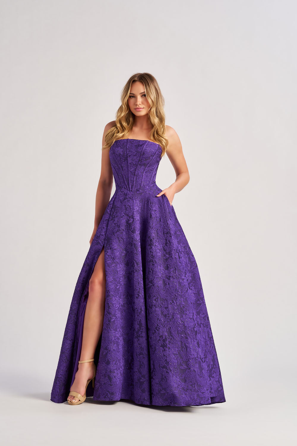 Colette CL8675 prom dress images.  Colette CL8675 is available in these colors: Purple, Fuchsia, Emerald.