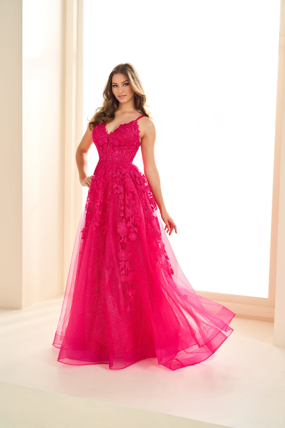 Ellie Wilde EW36015 a-line prom dress images.  Ellie Wilde EW36015 is available in these colors: Magenta, Sage, Black, Purple, Strawberry, Orange, Ivory.