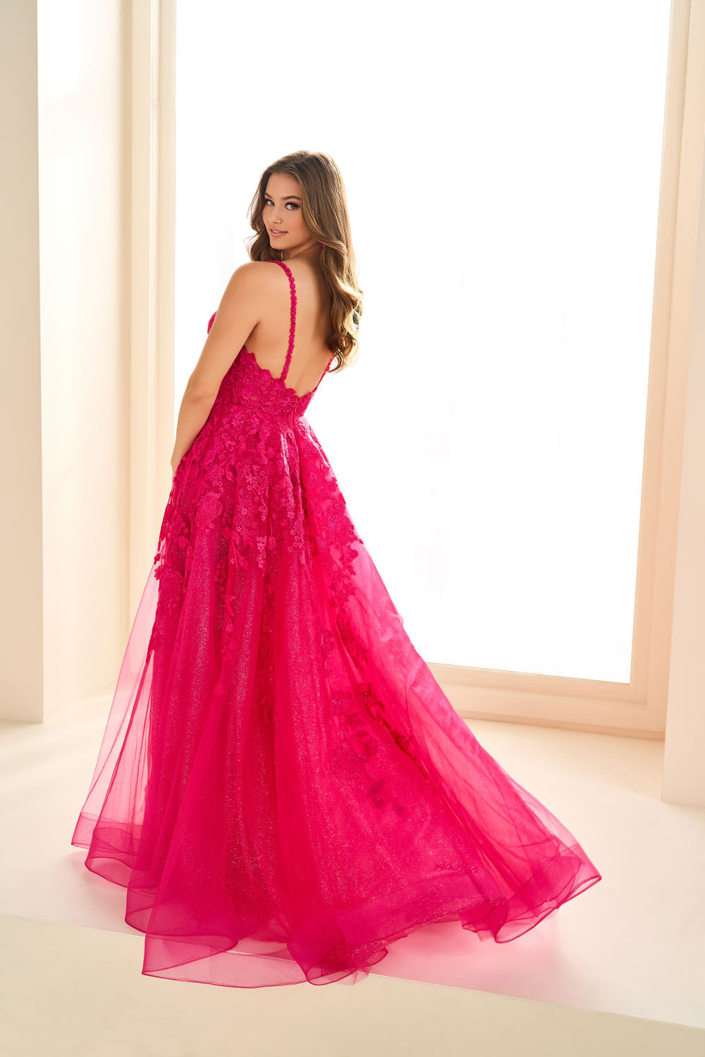 Ellie Wilde EW36015 a-line prom dress images.  Ellie Wilde EW36015 is available in these colors: Magenta, Sage, Black, Purple, Strawberry, Orange, Ivory.