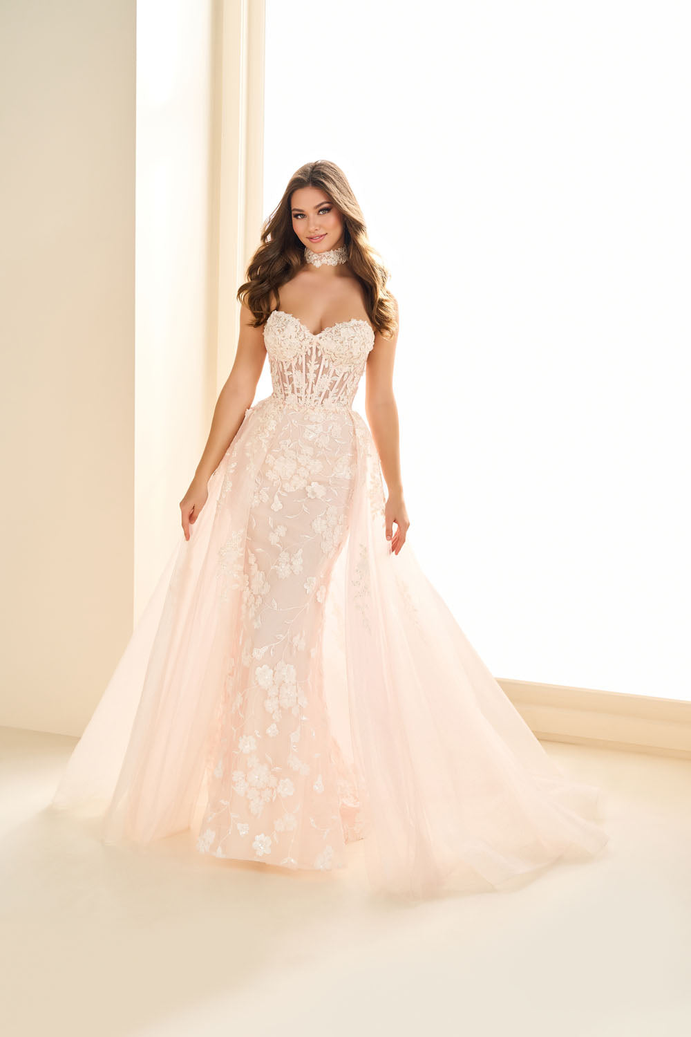 Ellie Wilde EW36028 mermaid prom dress images.  Ellie Wilde EW36028 is available in these colors: Petal, Ivory, Black.