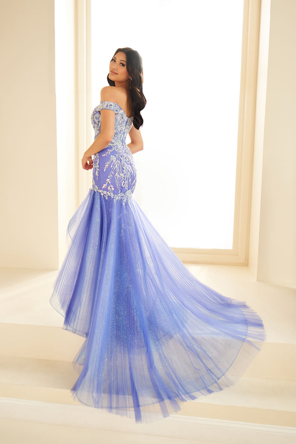 Ellie Wilde EW36036 mermaid prom dress images.  Ellie Wilde EW36036 is available in these colors: Lilac, Emerald, Teal, Magenta, Amethyst, Royal Blue, Glacier Blue, Ice Blue.