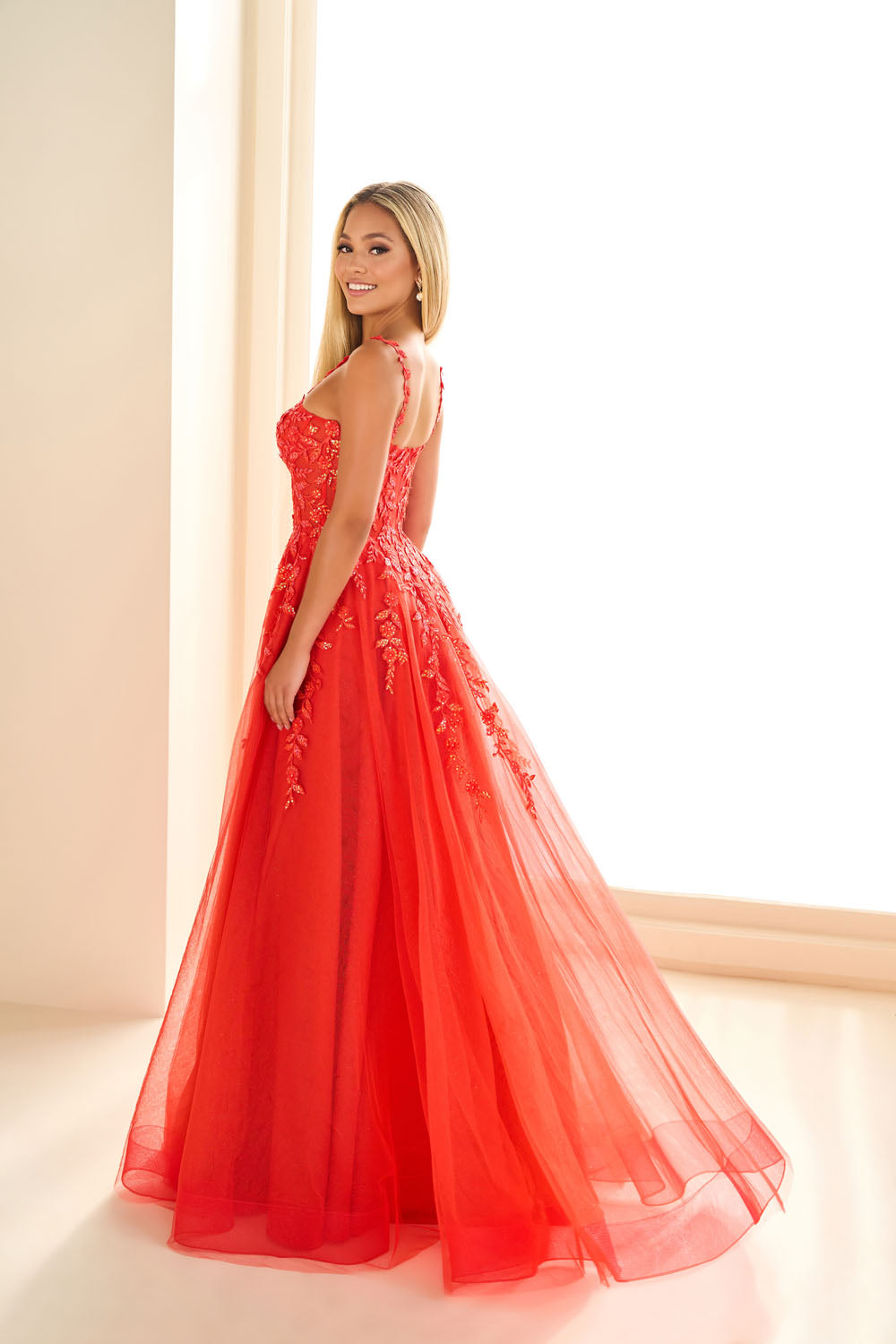 Ellie Wilde EW36046 a-line prom dress images.  Ellie Wilde EW36046 is available in these colors: Papaya, Royal Blue, Blue Hydrangea, Dark Teal, Wine, Plum.