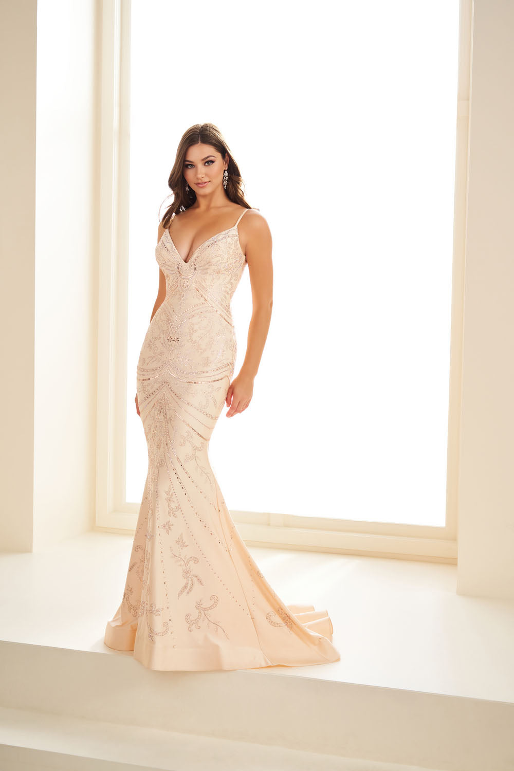 Ellie Wilde EW36048 mermaid prom dress images.  Ellie Wilde EW36048 is available in these colors: Black, Navy Blue, Lavender Haze, Macadamia.