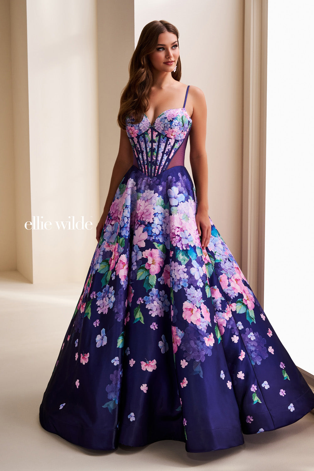 Ellie Wilde EW37004 navy floral ball gown with sweetheart neckline prom dress images.