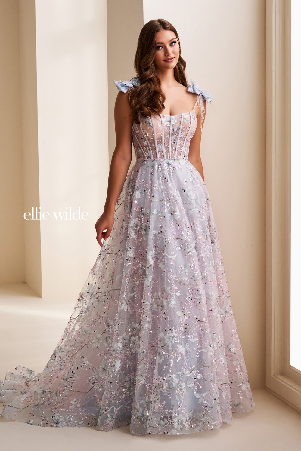 Ellie Wilde EW37020 pastel purple, a line silhouette, floral embellishments prom dress images.