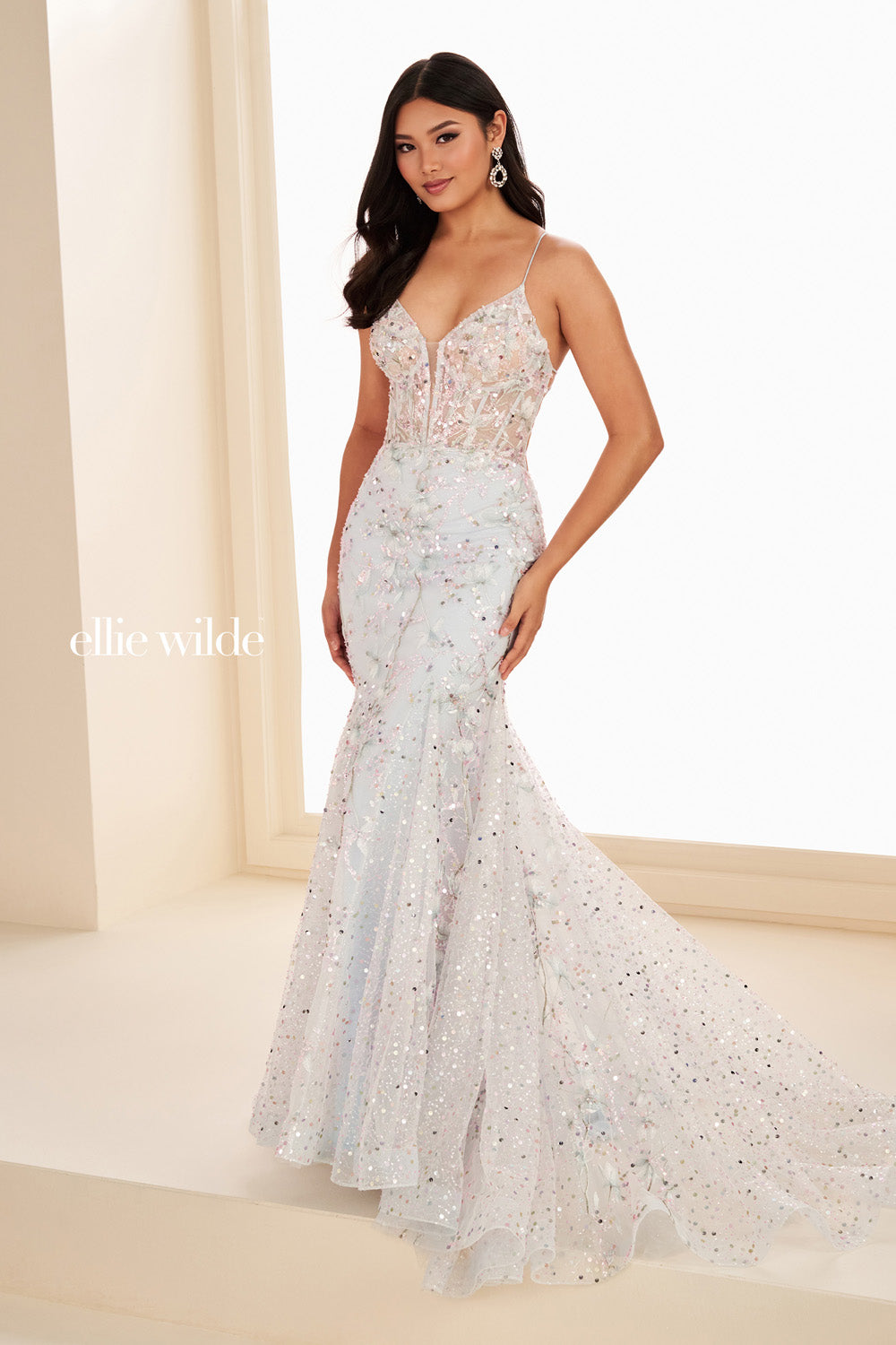 Ellie Wilde EW37021 light blue mermaid dress with intricate beading details prom dress images.