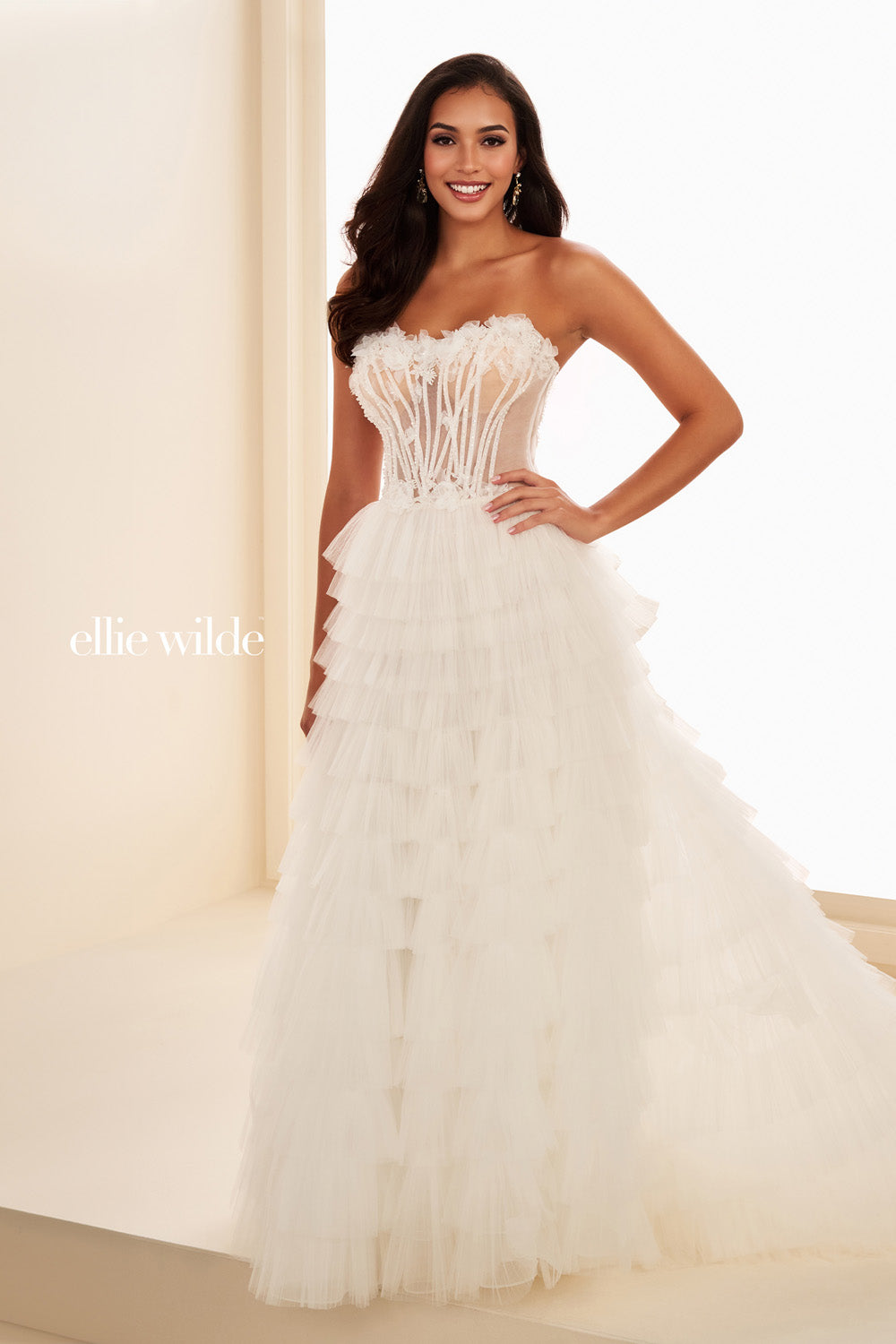 Ellie Wilde EW37026 white, tiered silhouette with floral detailing prom dress images.