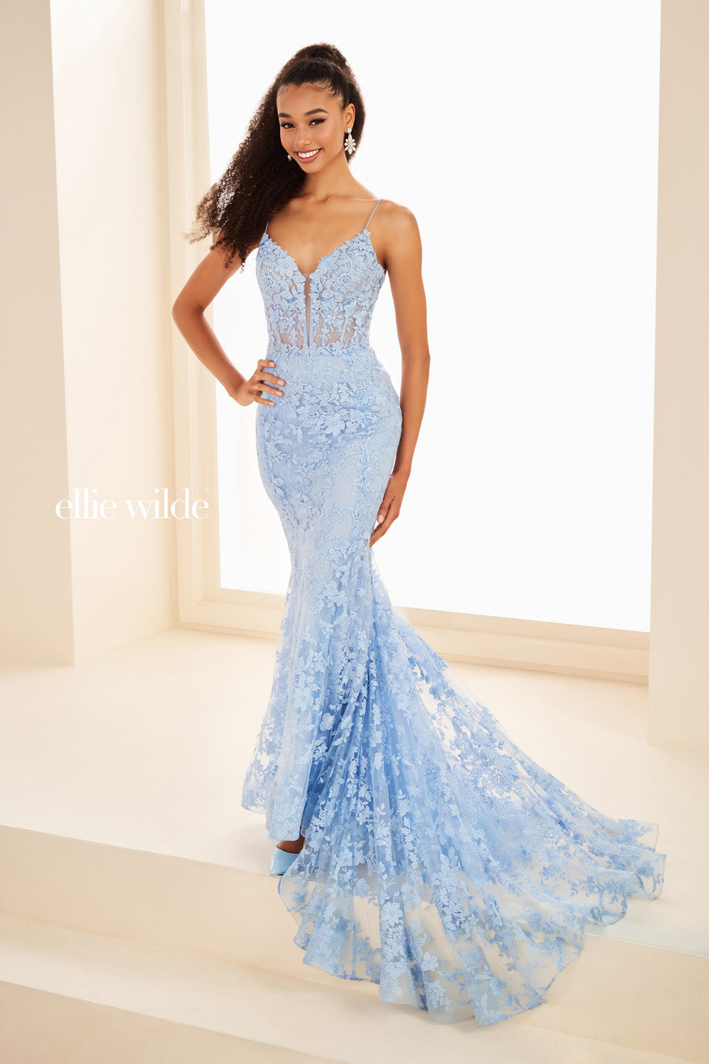 Ellie Wilde EW37027 light blue mermaid dress with lace detailing prom dress images.