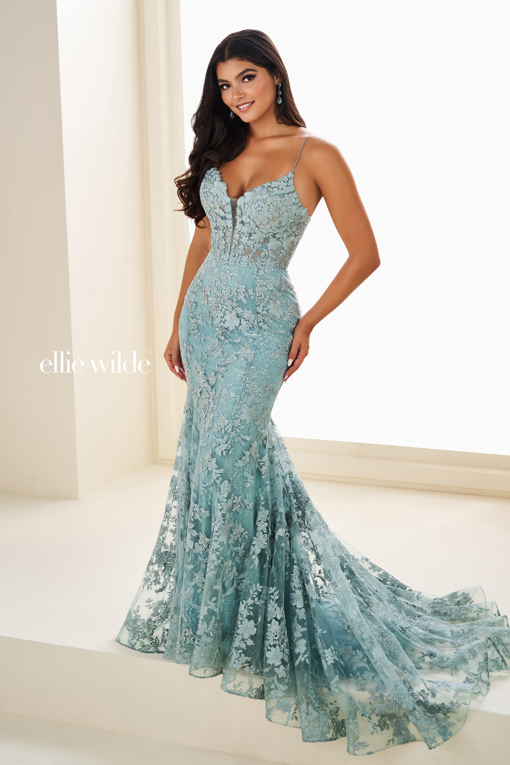 Ellie Wilde EW37027 light blue mermaid dress with intricate lace detailing prom dress images.