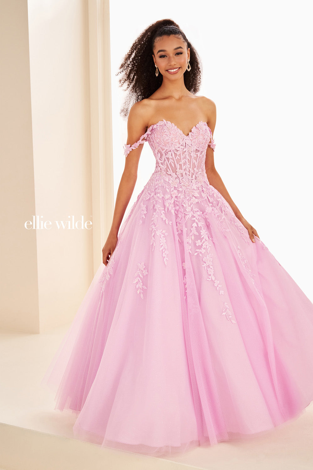 Ellie Wilde EW37028 pink, ball gown silhouette, off the shoulder design prom dress images.