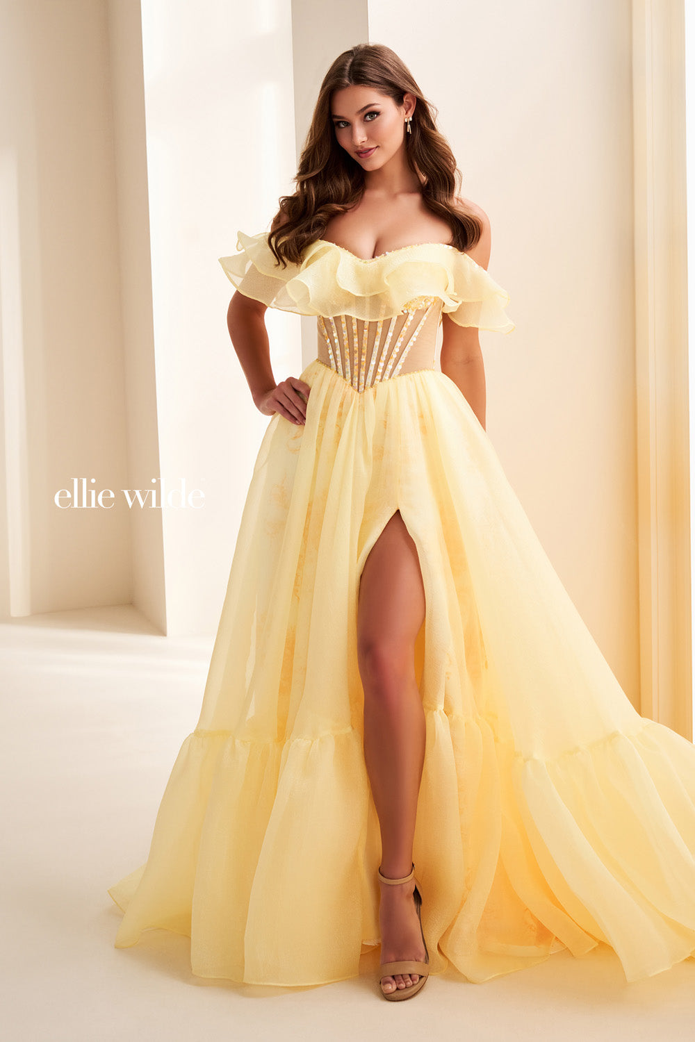 Ellie Wilde EW37029 yellow, off the shoulder, ruffled, high slit gown prom dress images.
