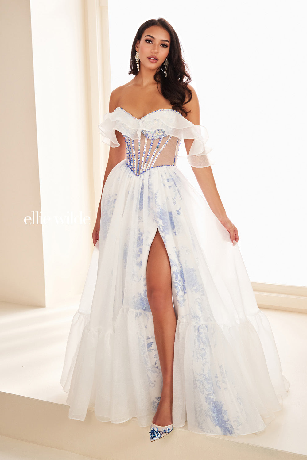 Ellie Wilde EW37029 white gown with off shoulder ruffles and thigh slit prom dress images.