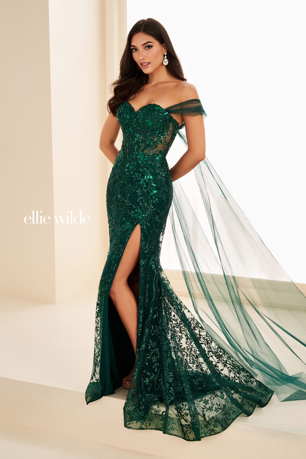 Ellie Wilde EW37030 emerald green, fitted silhouette, off the shoulder design prom dress images.