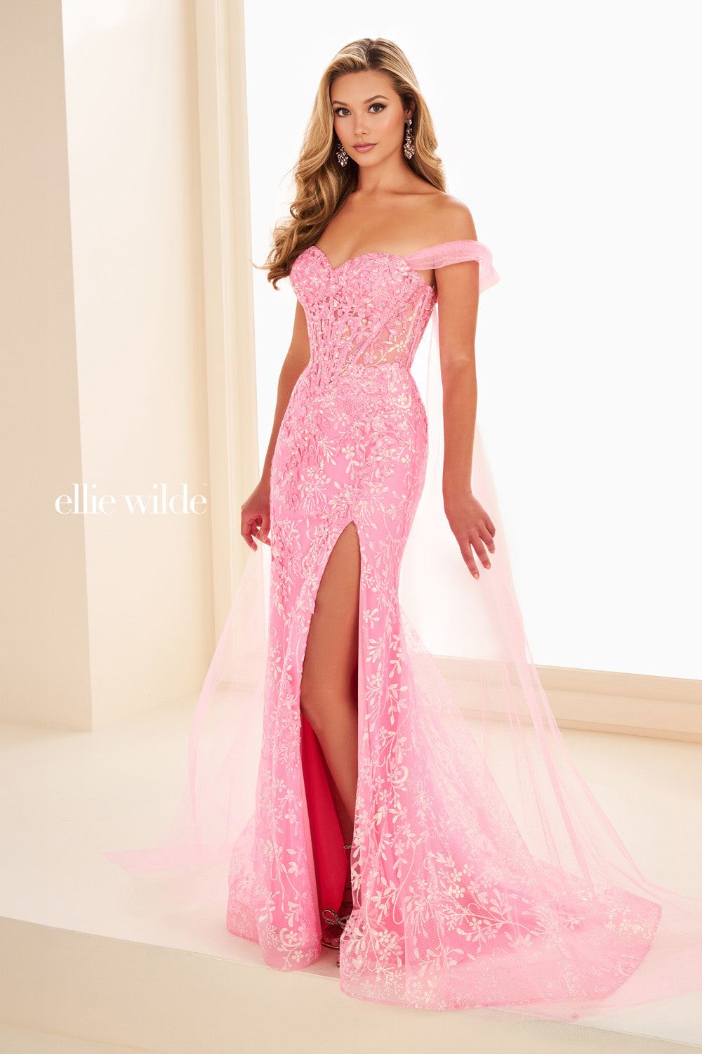 Ellie Wilde EW37030 pink, fitted silhouette, features a thigh high slit prom dress images.