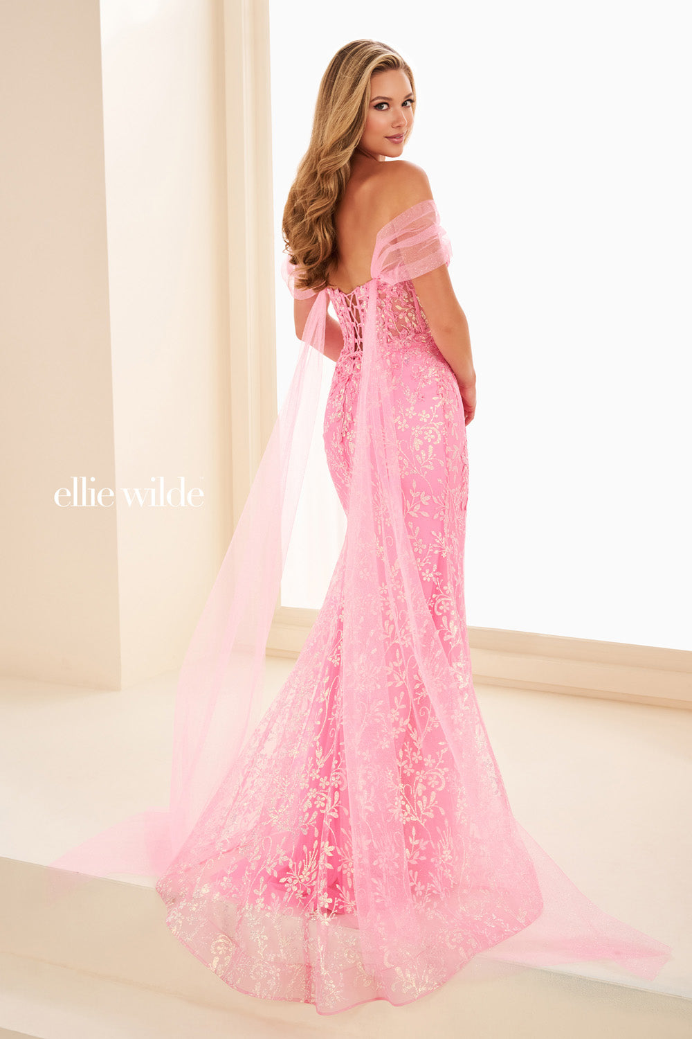 Ellie Wilde EW37030 pink, fitted silhouette with off the shoulder design prom dress images.