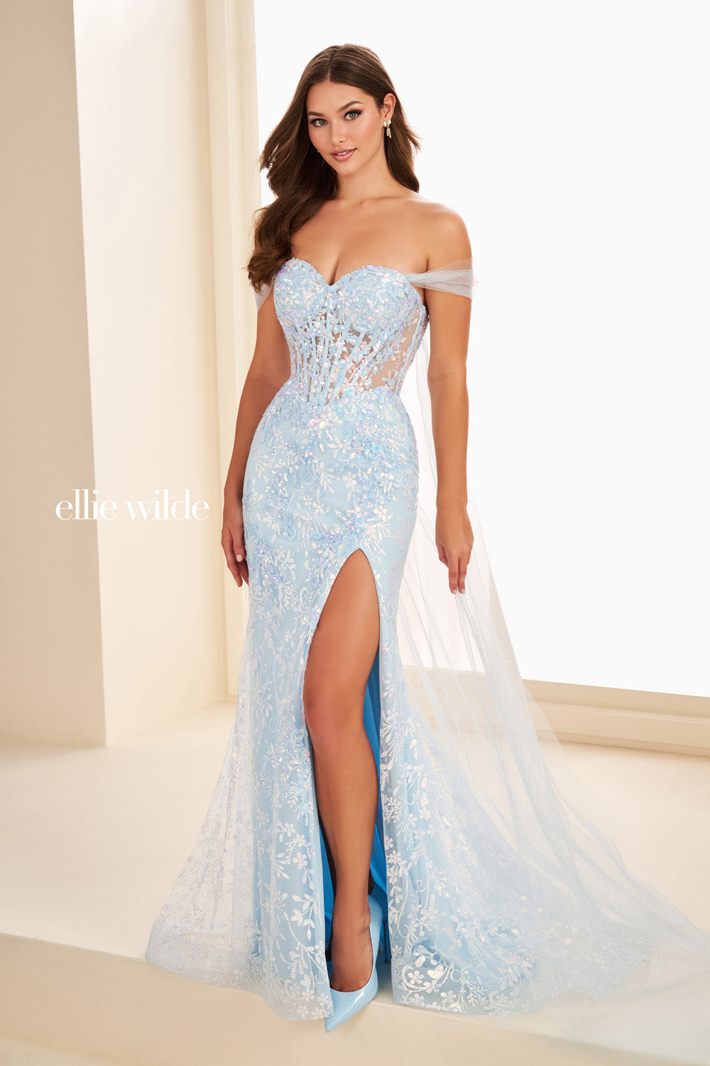 Ellie Wilde EW37030 light blue, fitted silhouette, thigh high slit prom dress images.