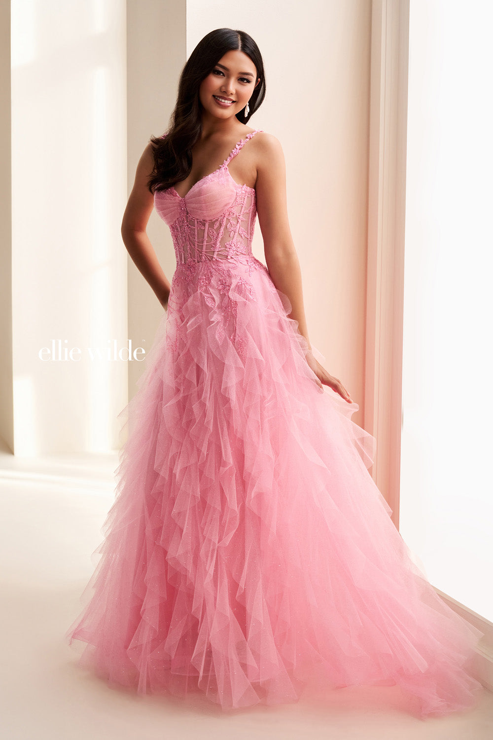 Ellie Wilde EW37031 pink, ball gown silhouette, ruffled tulle skirt prom dress images.