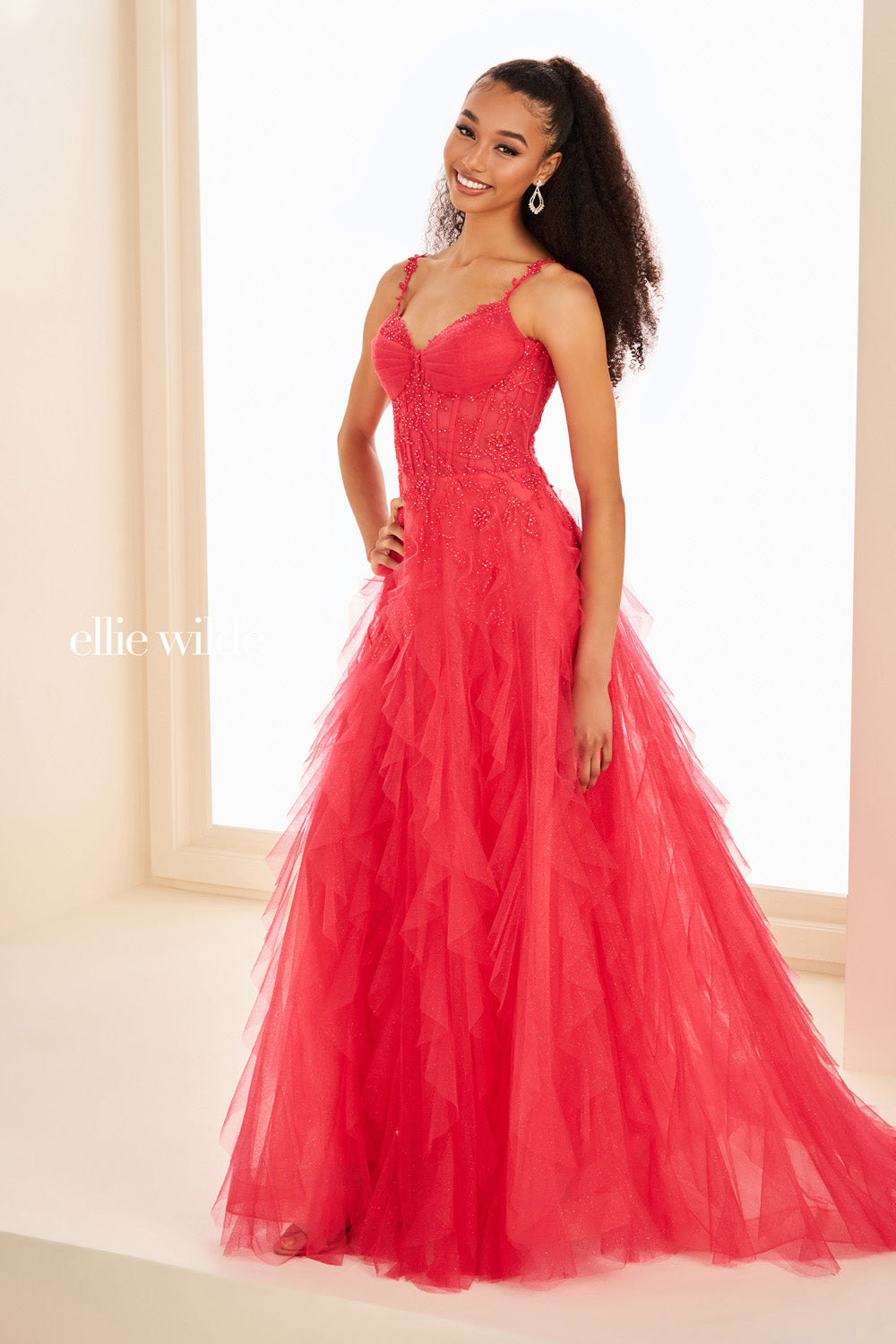 Ellie Wilde EW37031 bright pink, a line silhouette, layered tulle skirt prom dress images.
