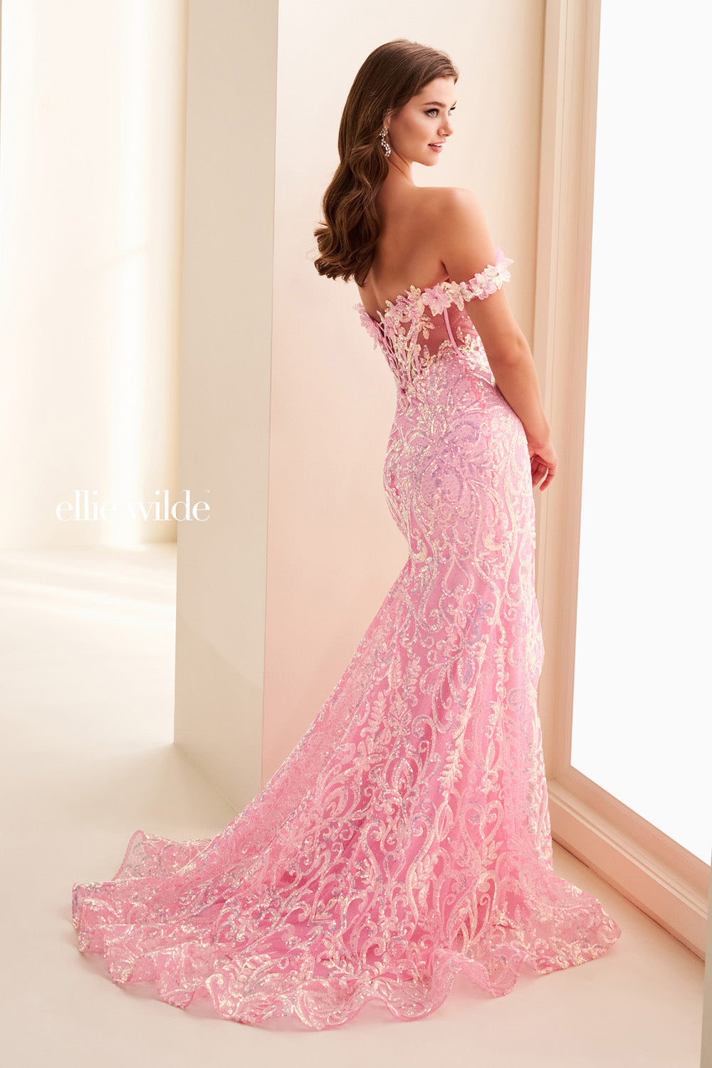 Ellie Wilde EW37032 pink, fitted silhouette, off the shoulder floral details prom dress images.