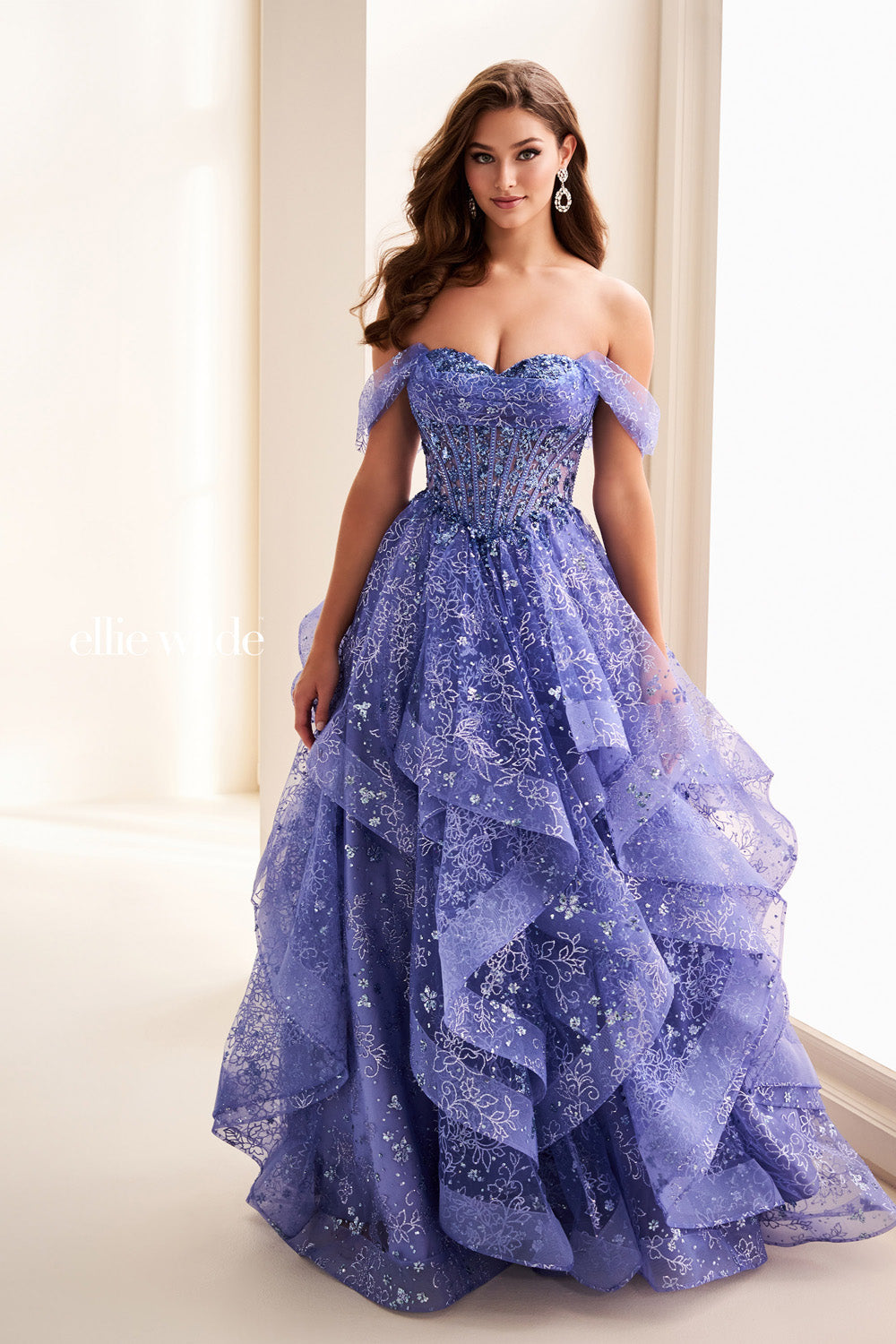 Ellie Wilde EW37043 lavender, ball gown silhouette, off the shoulder design prom dress images.