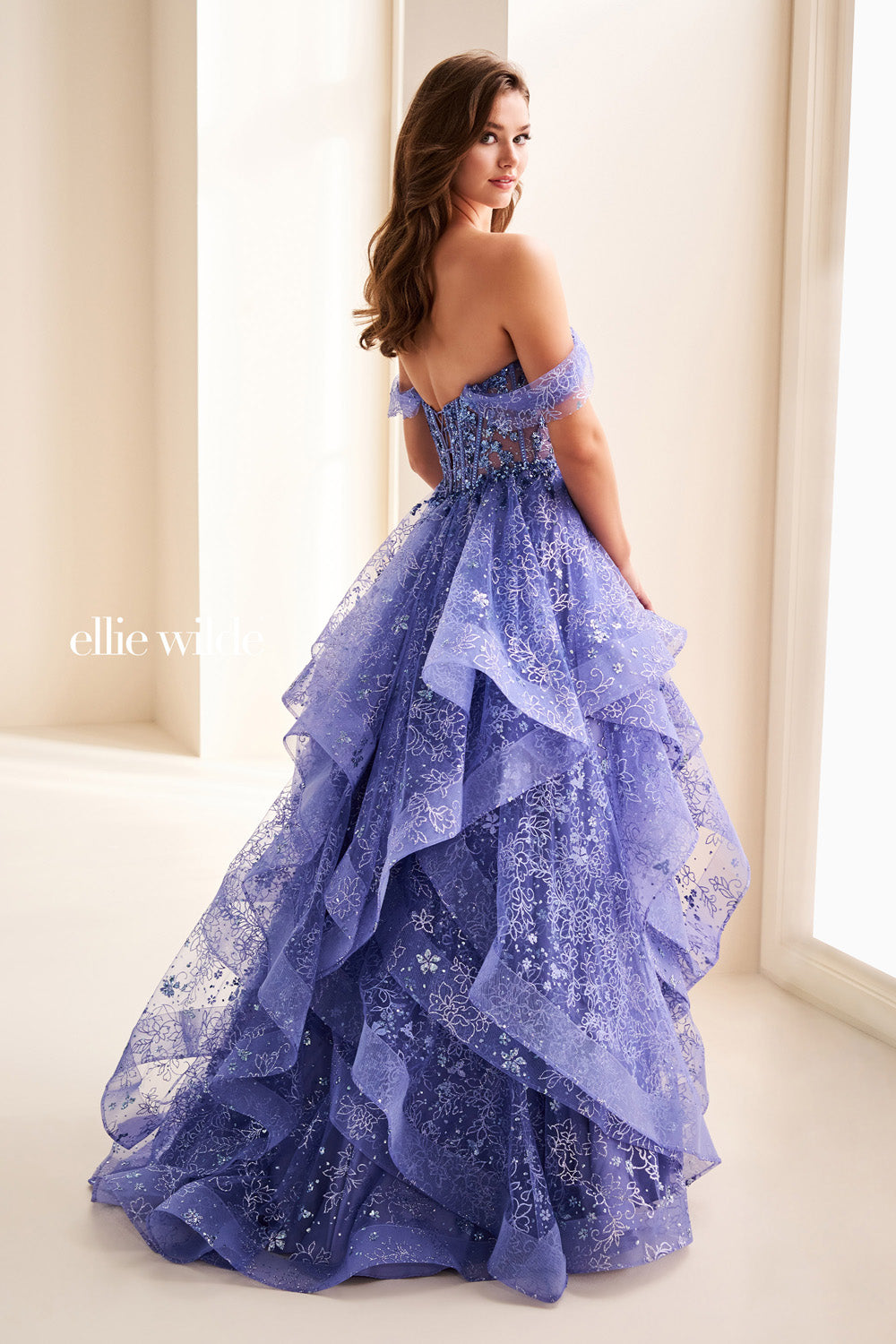 Ellie Wilde EW37043 lavender, layered silhouette, off the shoulder design prom dress images.