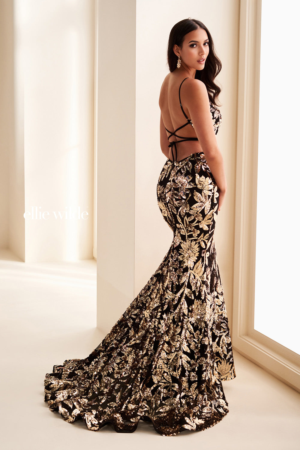 Ellie Wilde EW37049 black mermaid dress with gold floral embellishments prom dress images.