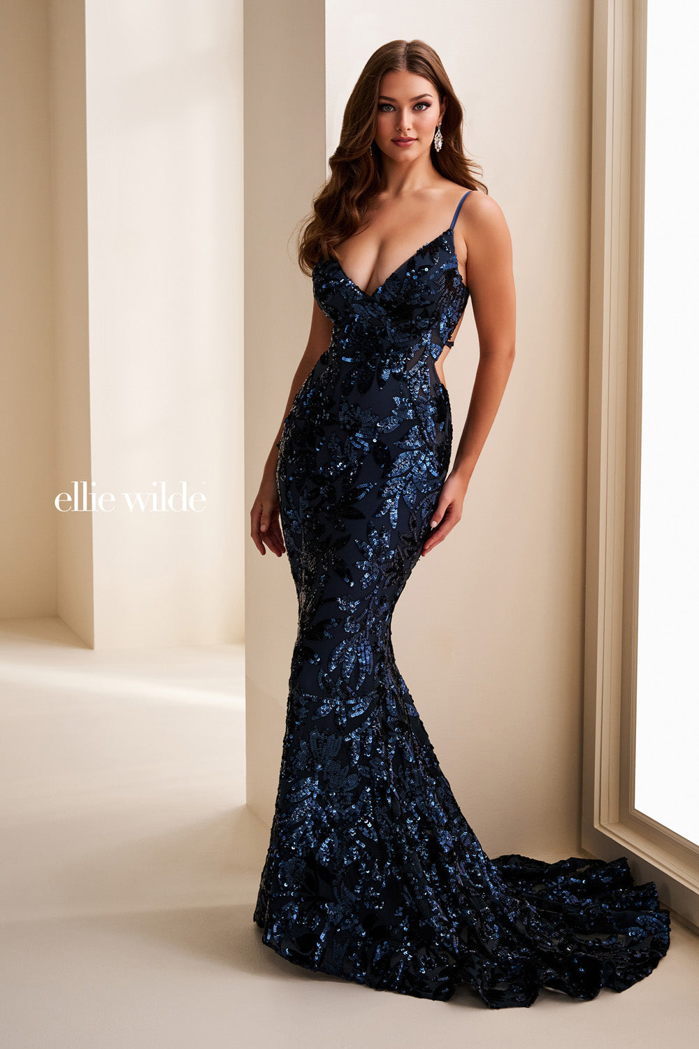 Ellie Wilde EW37049 navy blue, fitted silhouette, sequined floral design prom dress images.