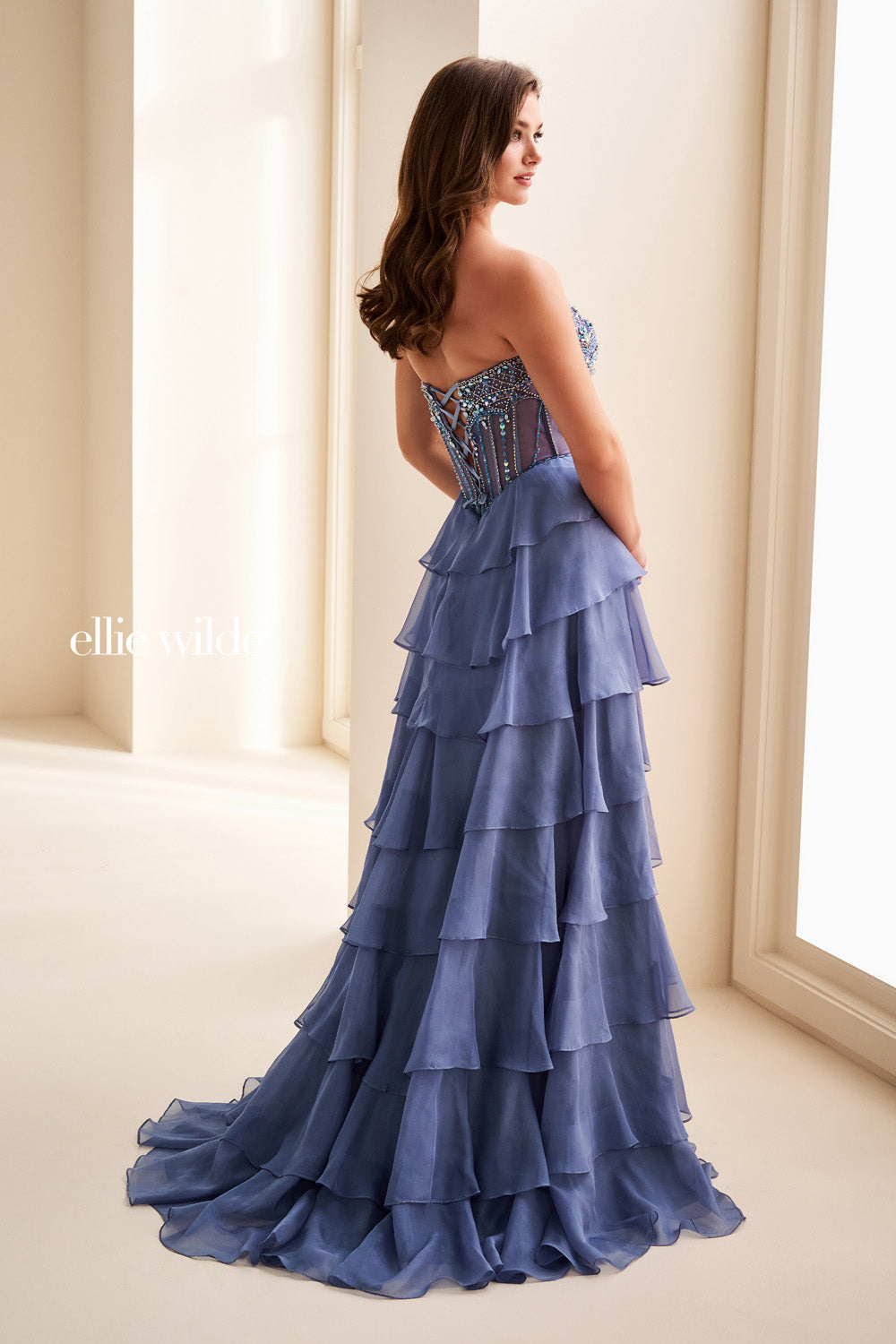 Ellie Wilde EW37057 light blue, tiered silhouette, strapless design prom dress images.