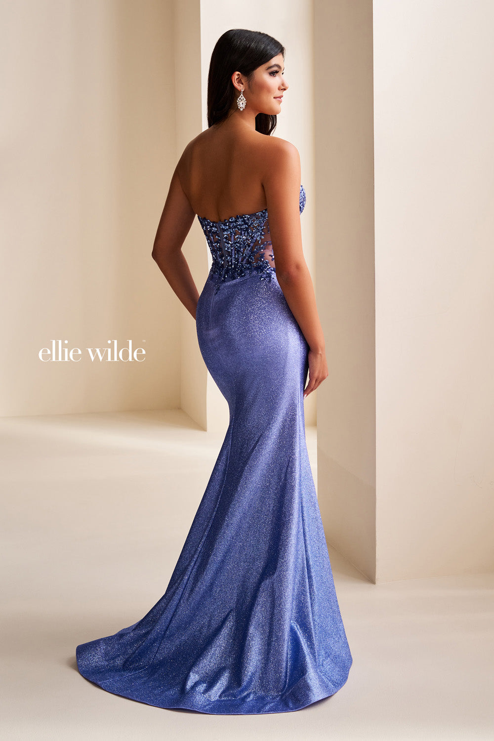 Ellie Wilde EW37074 shimmering blue, fitted silhouette, strapless design prom dress images.