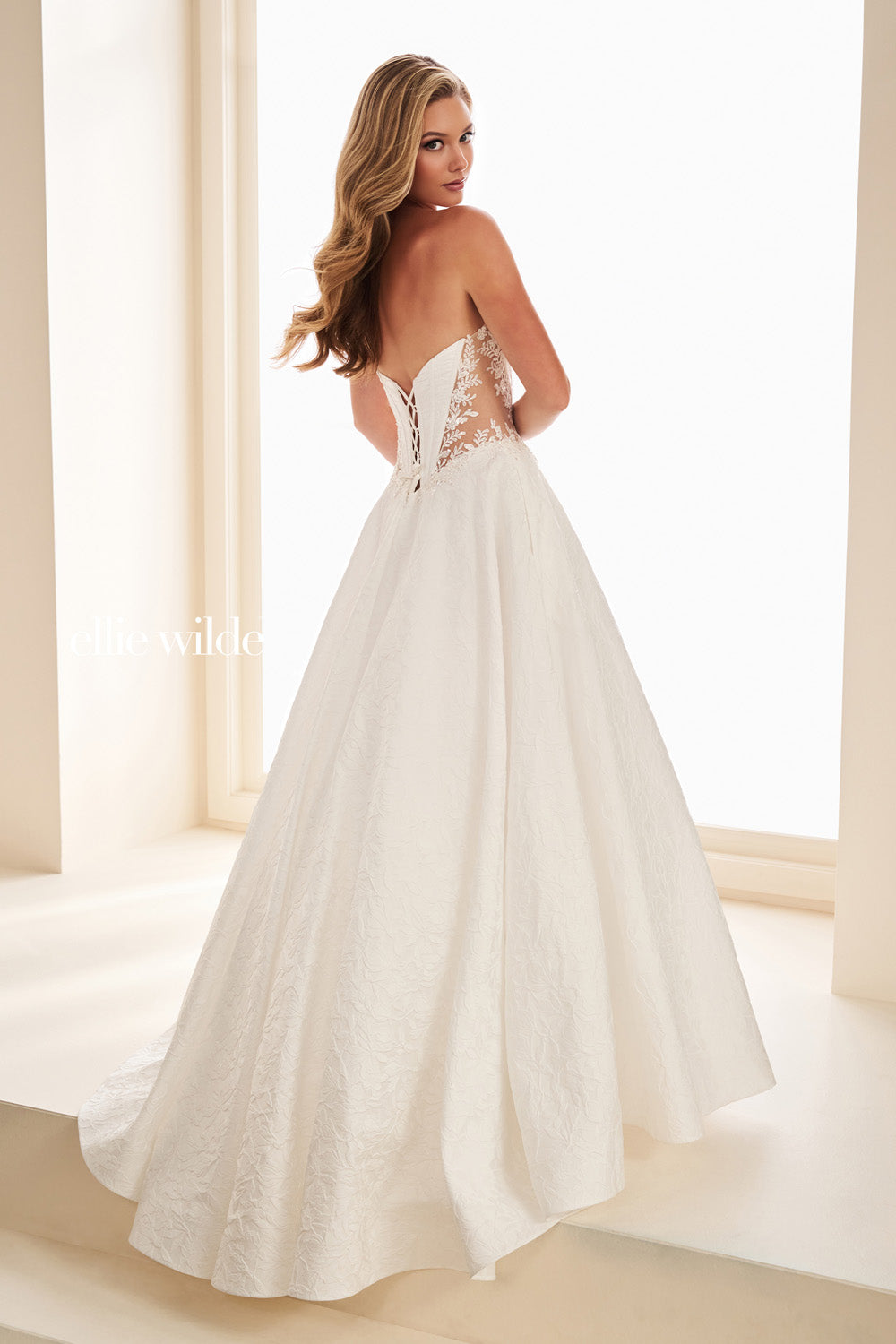 Ellie Wilde EW37080 white, a line silhouette, lace up back detail prom dress images.