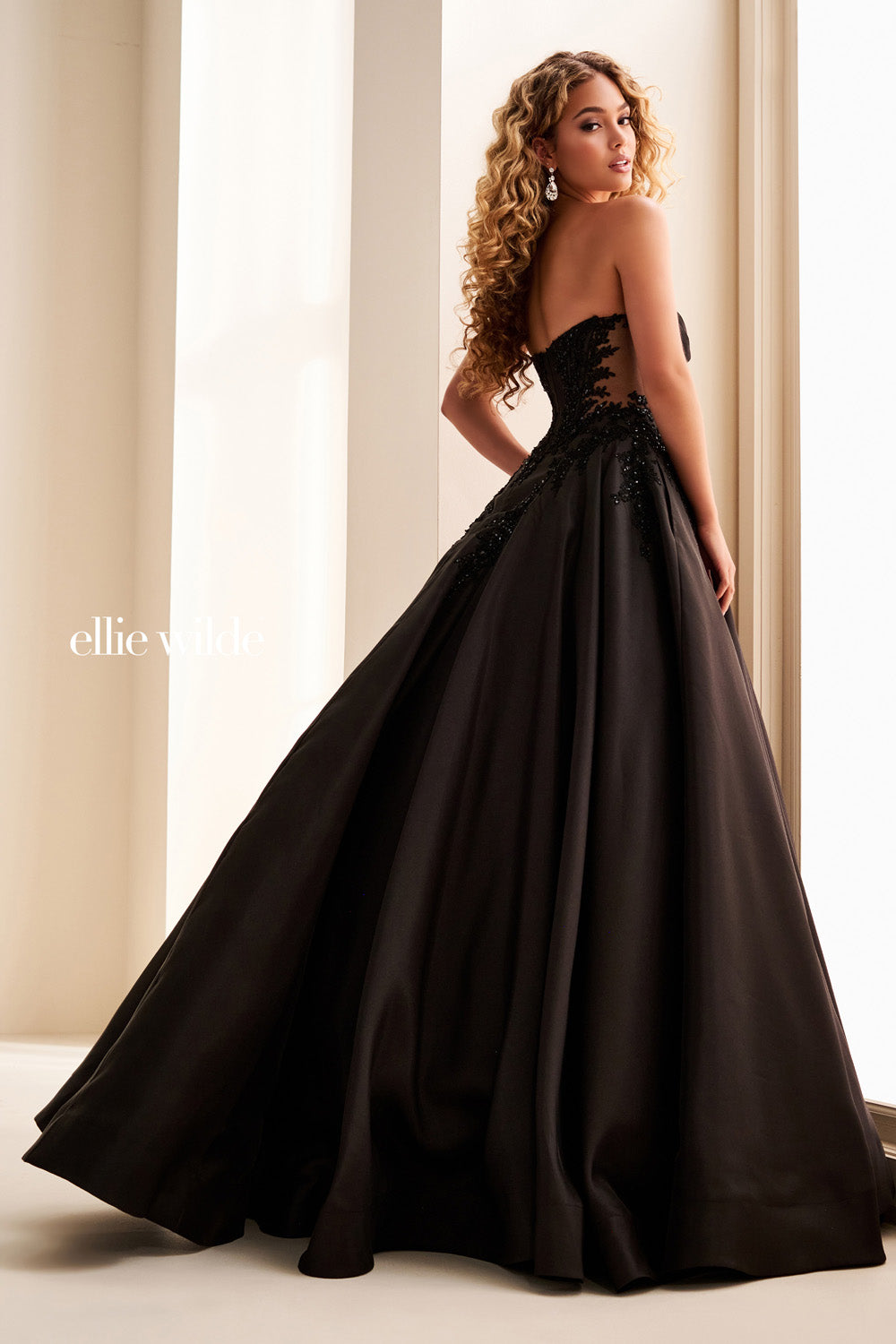 Ellie Wilde EW37082 black, strapless, flowing ball gown with lace detailing prom dress images.