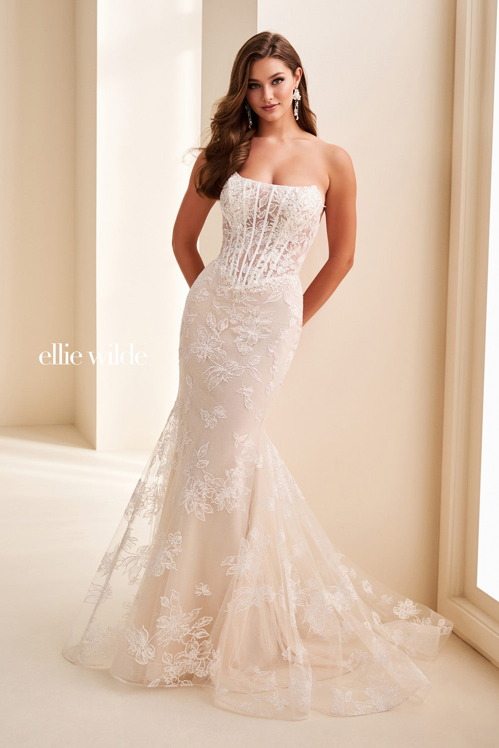 Ellie Wilde EW37083 strapless, fitted, floral lace with a mermaid silhouette prom dress images.