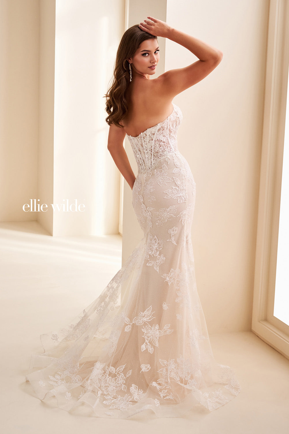 Ellie Wilde EW37083 strapless, fitted, ivory lace with floral detailing prom dress images.