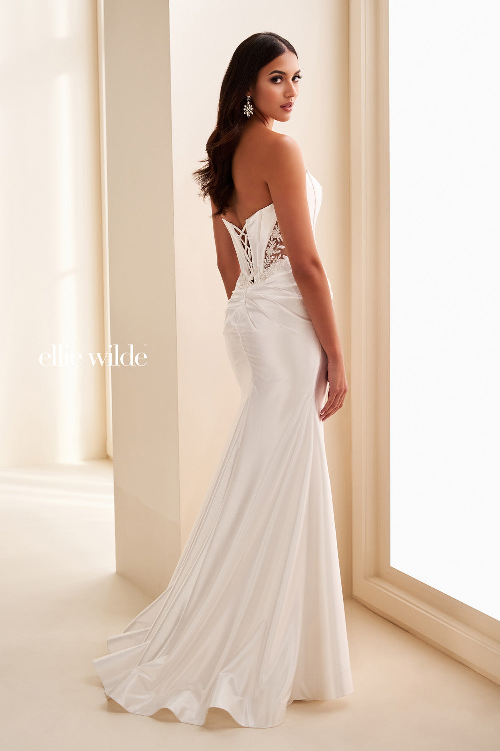 Ellie Wilde EW37084 white, fitted silhouette with lace up back detail prom dress images.