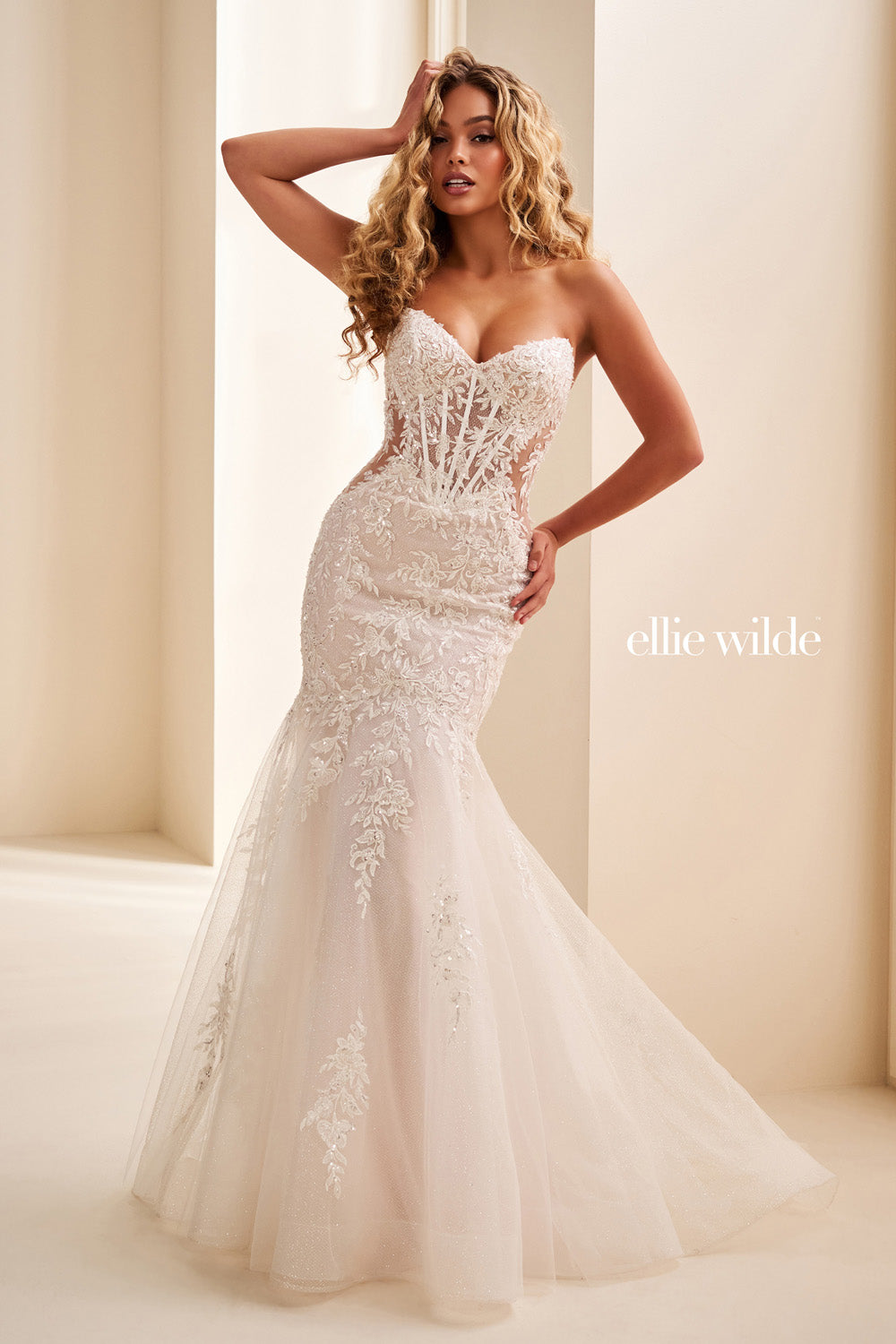 Ellie Wilde EW37085 blush mermaid gown with intricate lace detailing prom dress images.