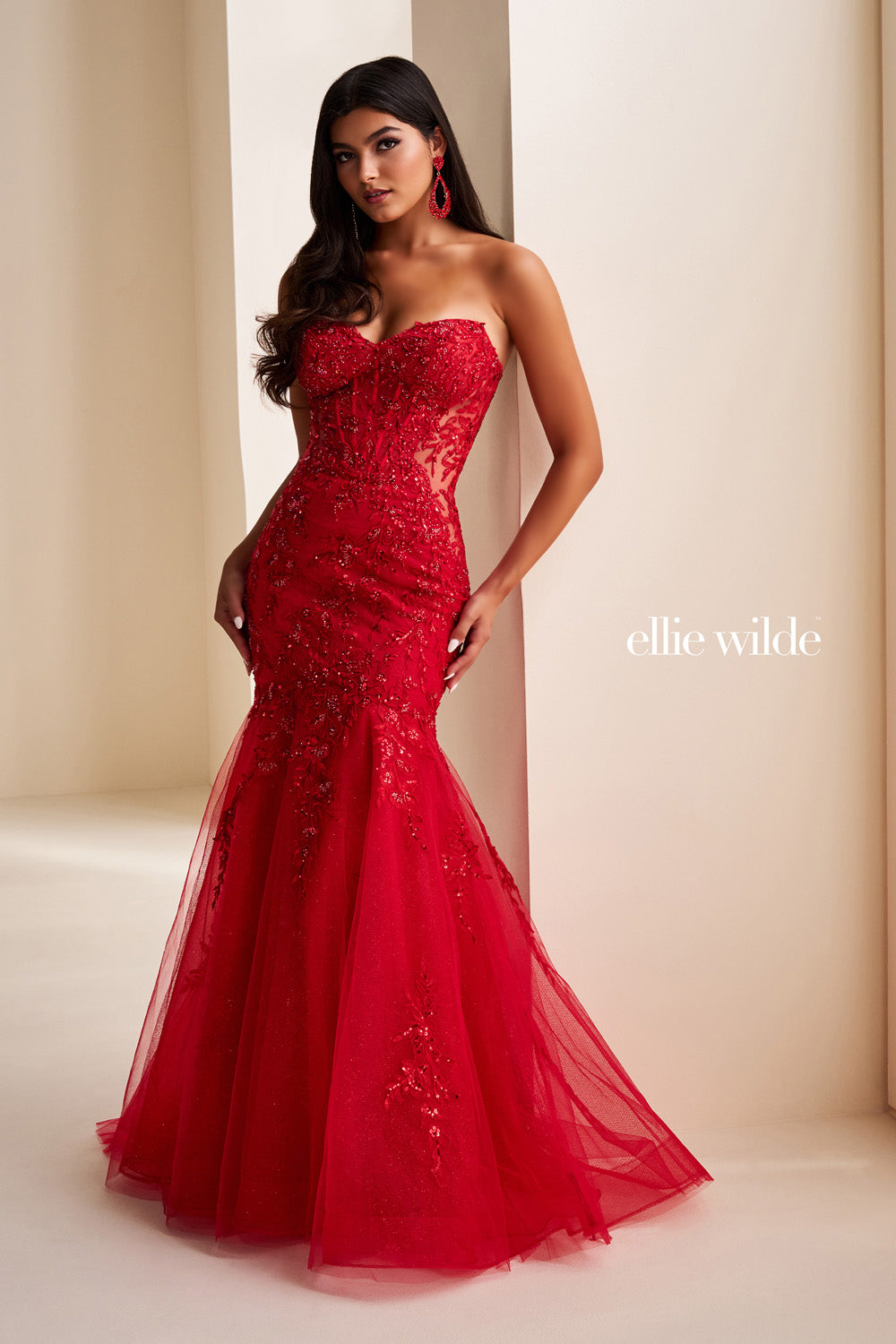 Ellie Wilde EW37085 red mermaid gown with intricate beading and sheer details prom dress images.
