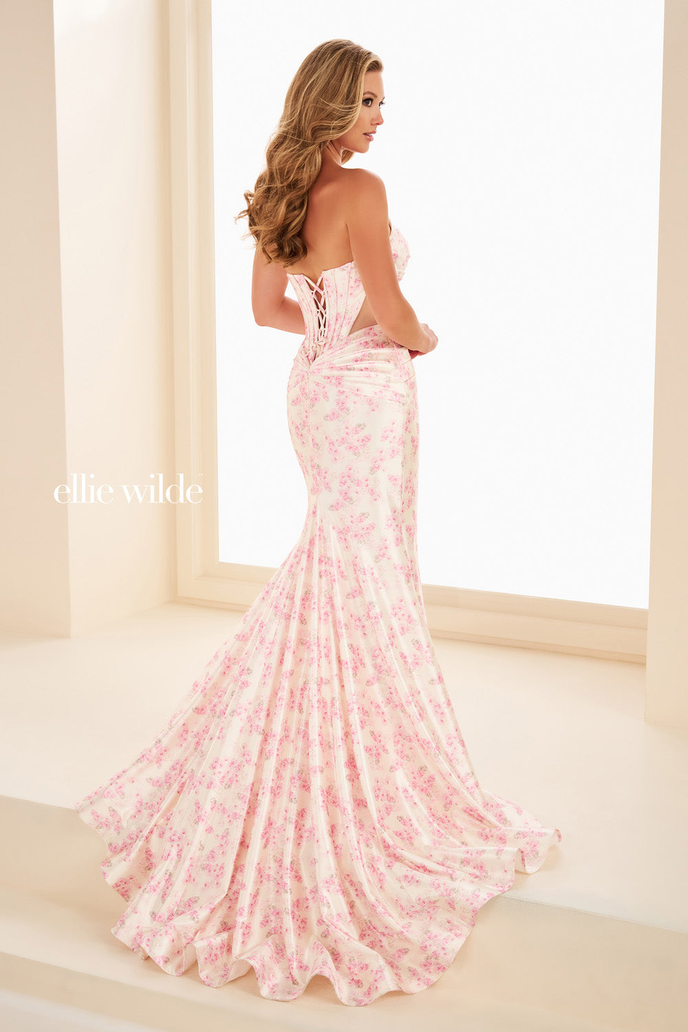 Ellie Wilde EW37092 pink floral mermaid gown with lace up back prom dress images.
