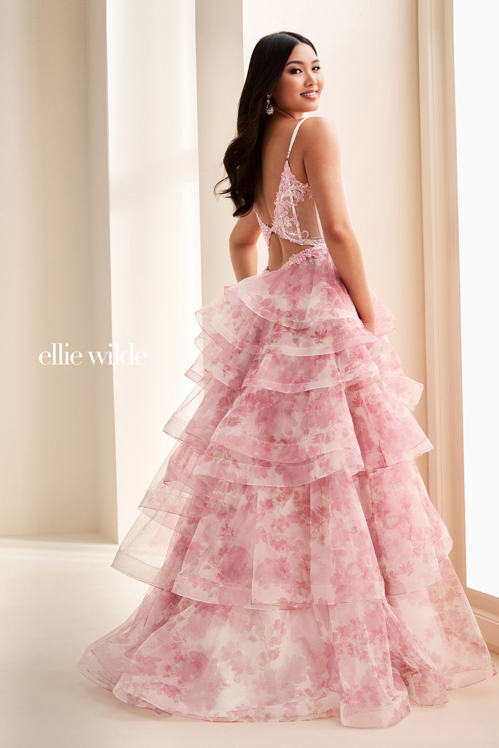 Ellie Wilde EW37093 pink, tiered silhouette with floral pattern and open back prom dress images.
