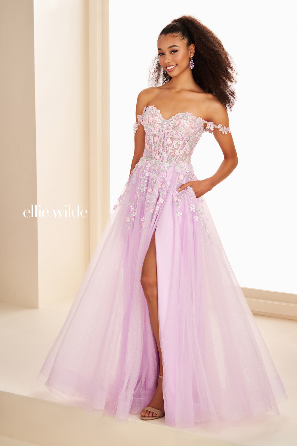 Ellie Wilde EW37094 lavender, off the shoulder, high slit with floral details prom dress images.