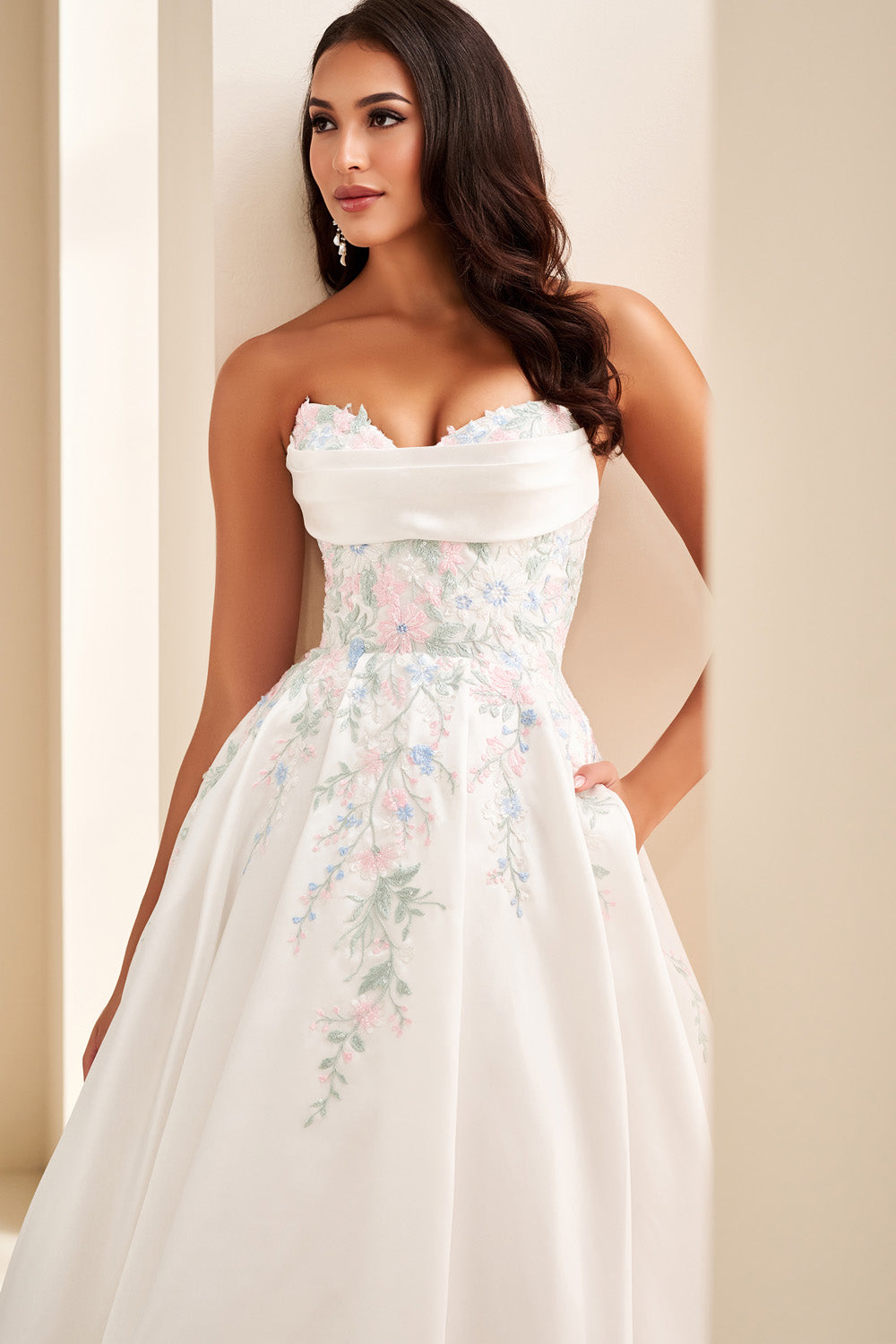 Ellie Wilde EW37095 white, strapless, floral embroidered a line silhouette prom dress images.
