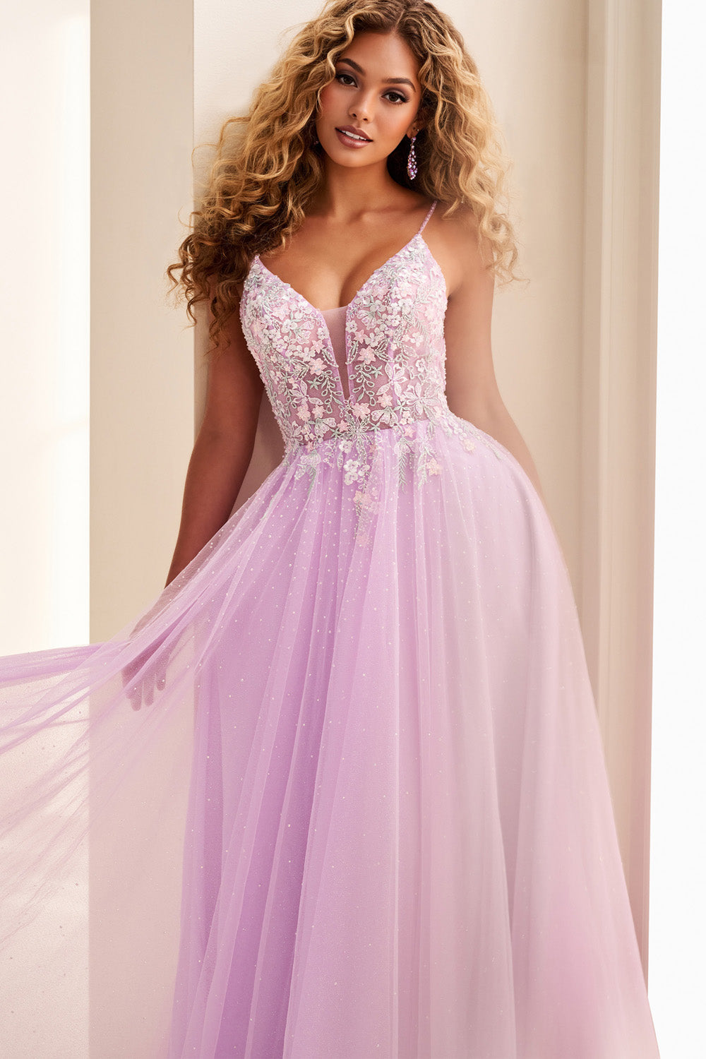 Ellie Wilde EW37096 lavender, a line silhouette, embellished bodice with floral details prom dress images.