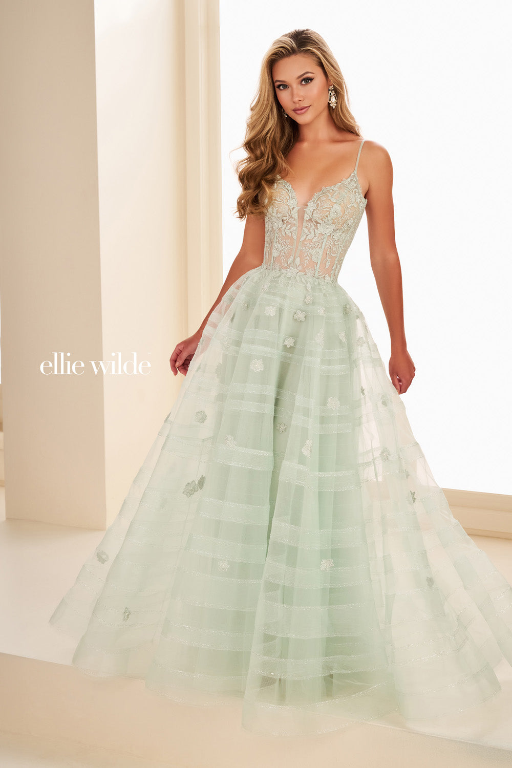 Ellie Wilde EW37097 mint green, a line silhouette, floral embroidered bodice prom dress images.