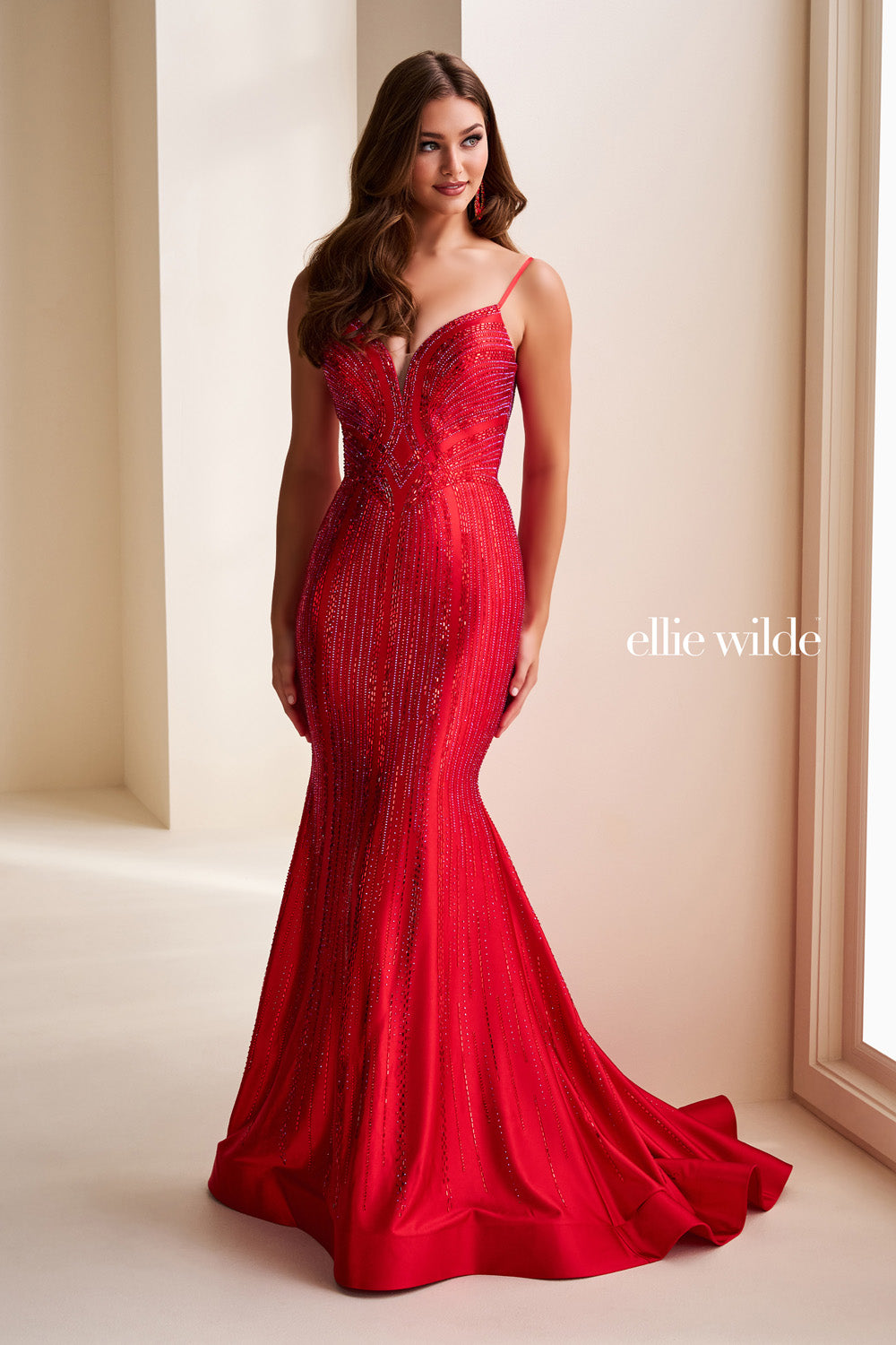 Ellie Wilde EW37101 red, fitted silhouette, embellished with sparkling details prom dress images.