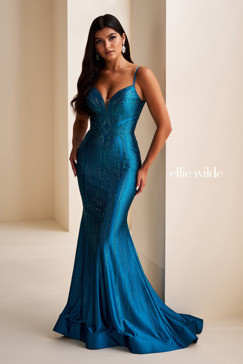 Ellie Wilde EW37101 teal mermaid dress with sparkling embellishments prom dress images.