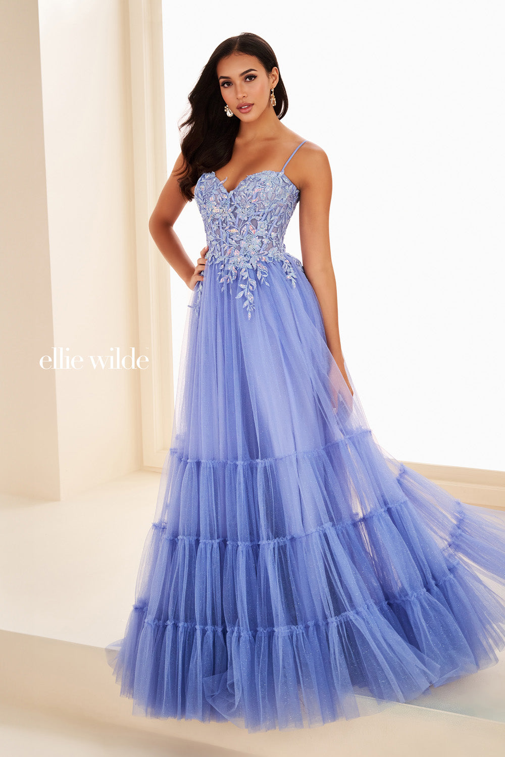 Ellie Wilde EW37107 light blue, tiered tulle, embroidered bodice prom dress images.