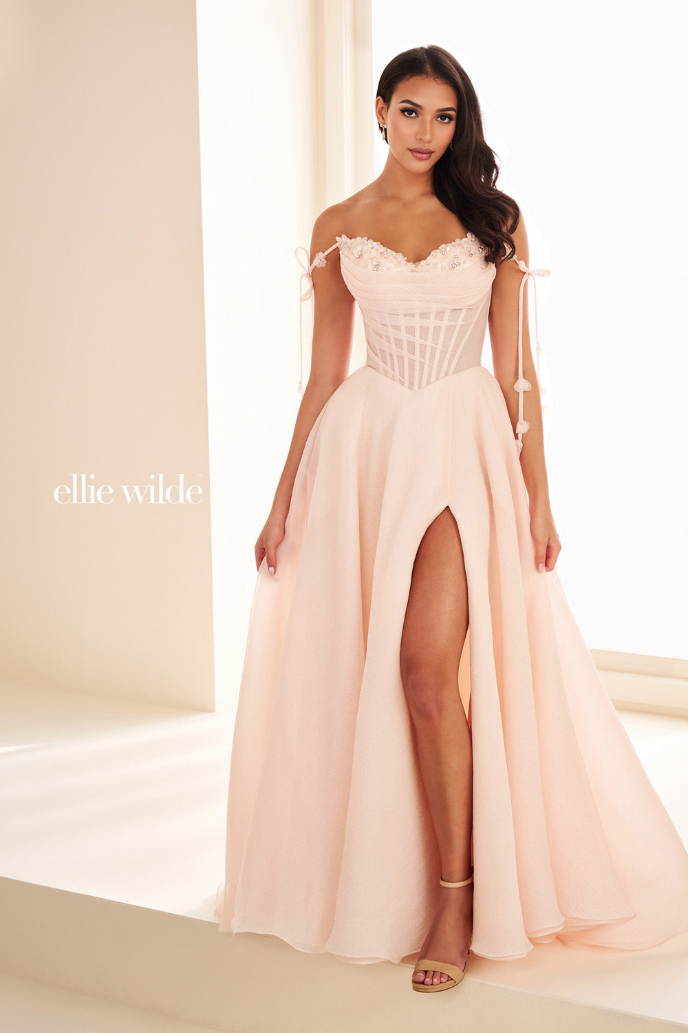 Ellie Wilde EW37111 blush pink, a line silhouette, thigh high slit prom dress images.