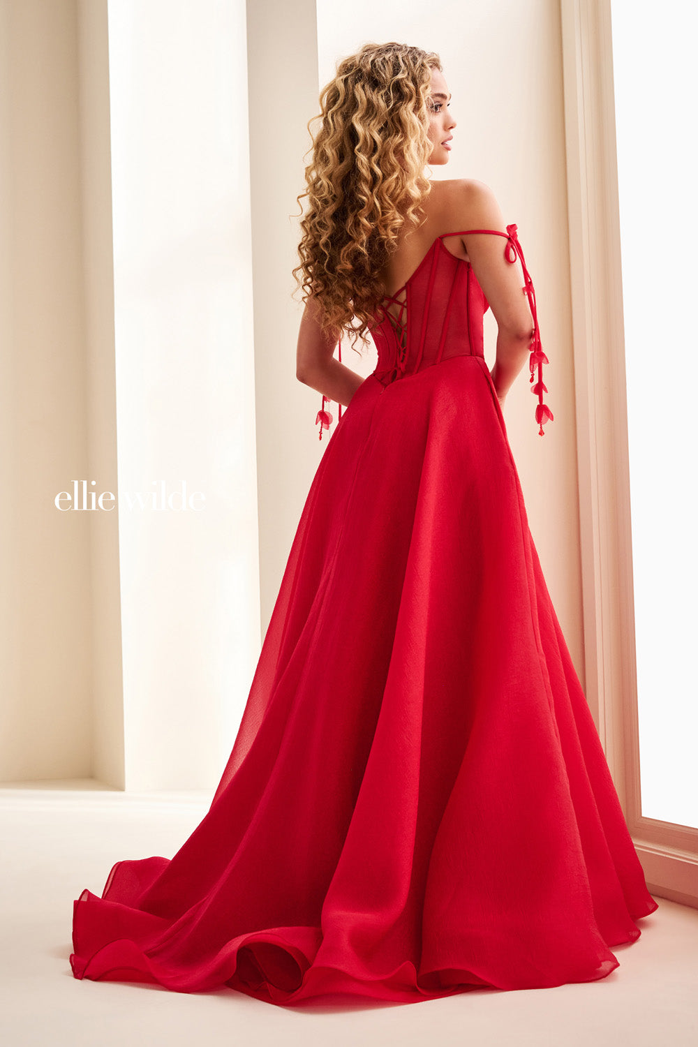 Ellie Wilde EW37111 red, flowing silhouette with off the shoulder straps prom dress images.