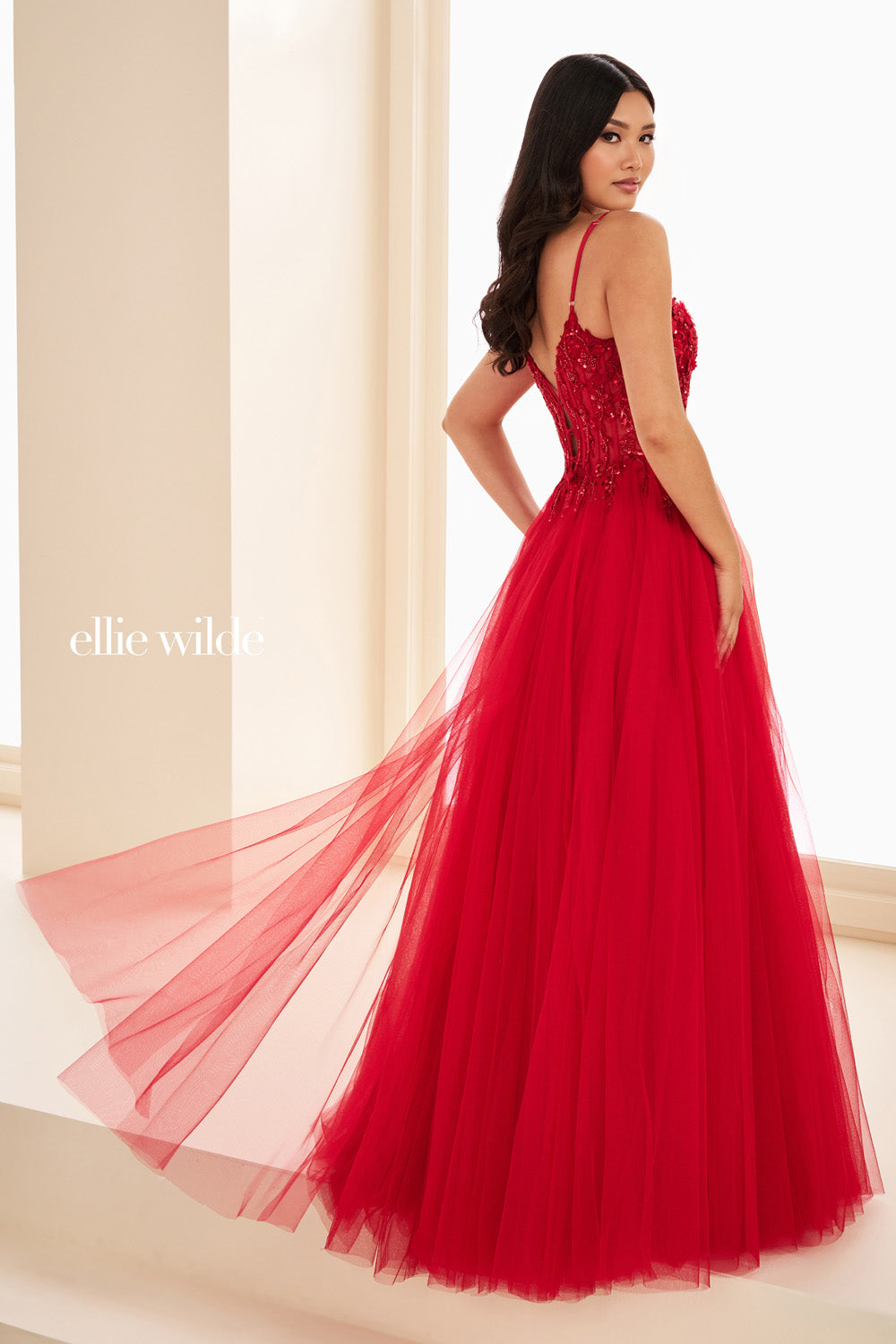 Ellie Wilde EW37112 red, floor length, tulle skirt with beaded bodice prom dress images.