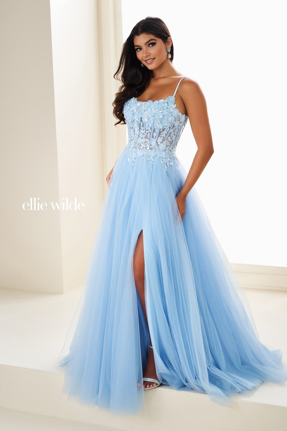 Ellie Wilde EW37112 light blue, a line silhouette, floral embellishments prom dress images.